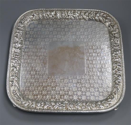 A good late 19th century Tiffany & Co. engraved sterling square salver, with embossed foliate border, 28.5 oz.